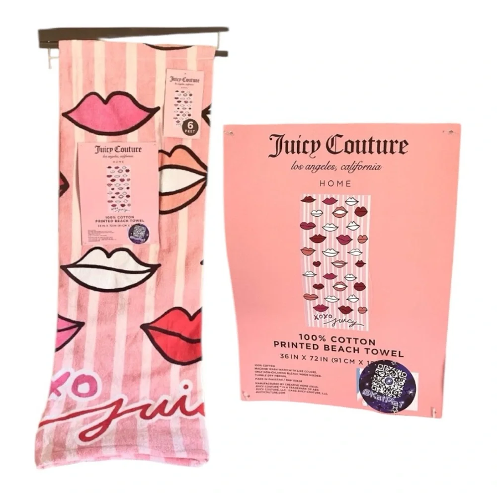 Juicy Couture NWT Pink and Red Lip Print Beach Towel 6 feet long